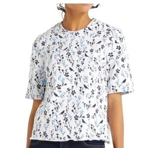 Draper James White Denim Floral Blue Birds Raw Hem Top - Size 2
